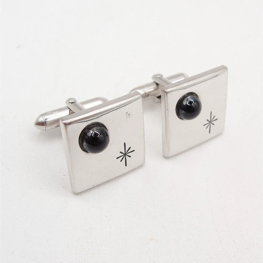 Vintage Swank Silver Tone Square Starburst Cufflinks Black Onyx Cabochon MCM